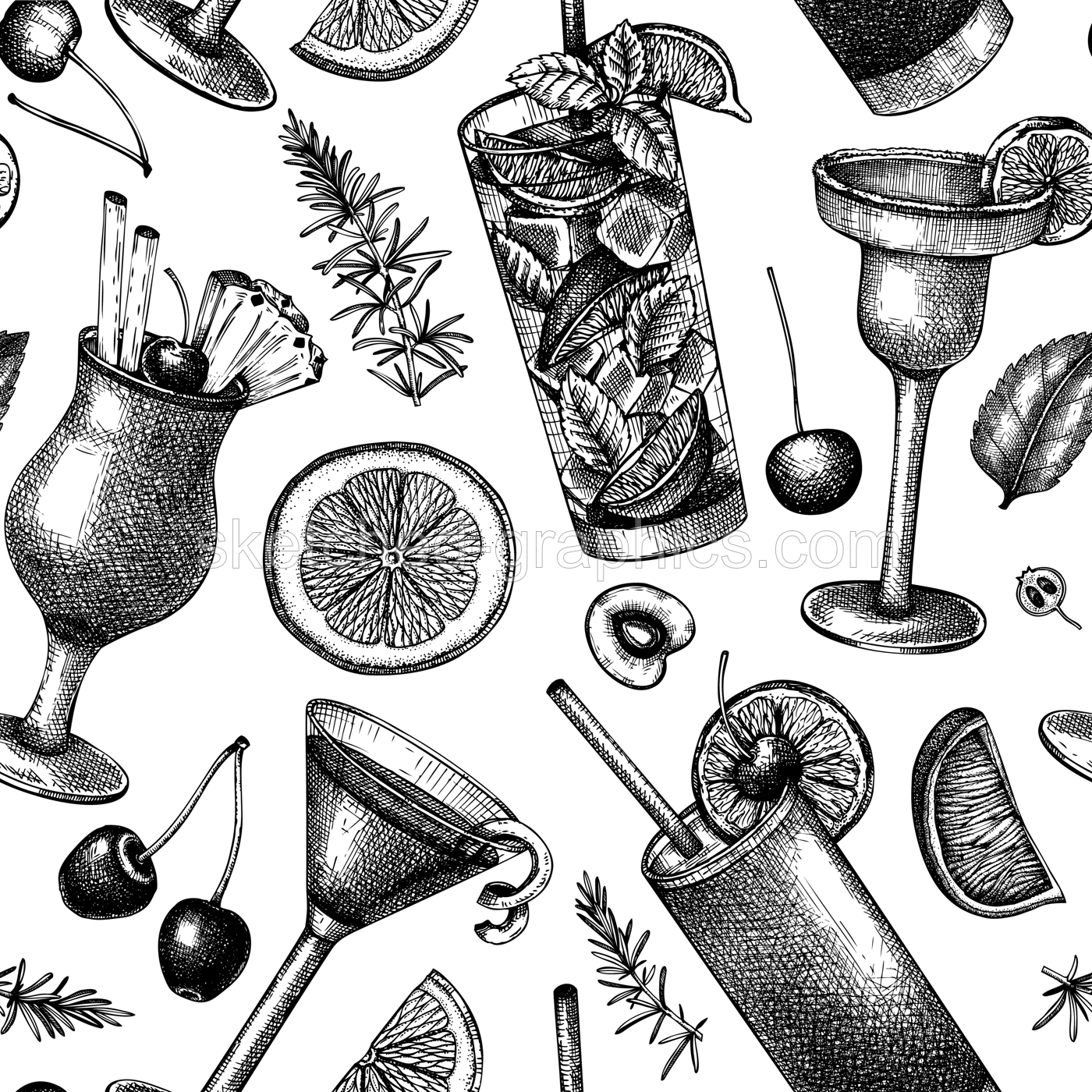 Alcoholic cocktails seamless pattern. Hand-sketched alcoholic drinks glasses background. Popular cocktails backdrop for bar or restaurant menu isolated on white. Vintage style beverages design Illustration